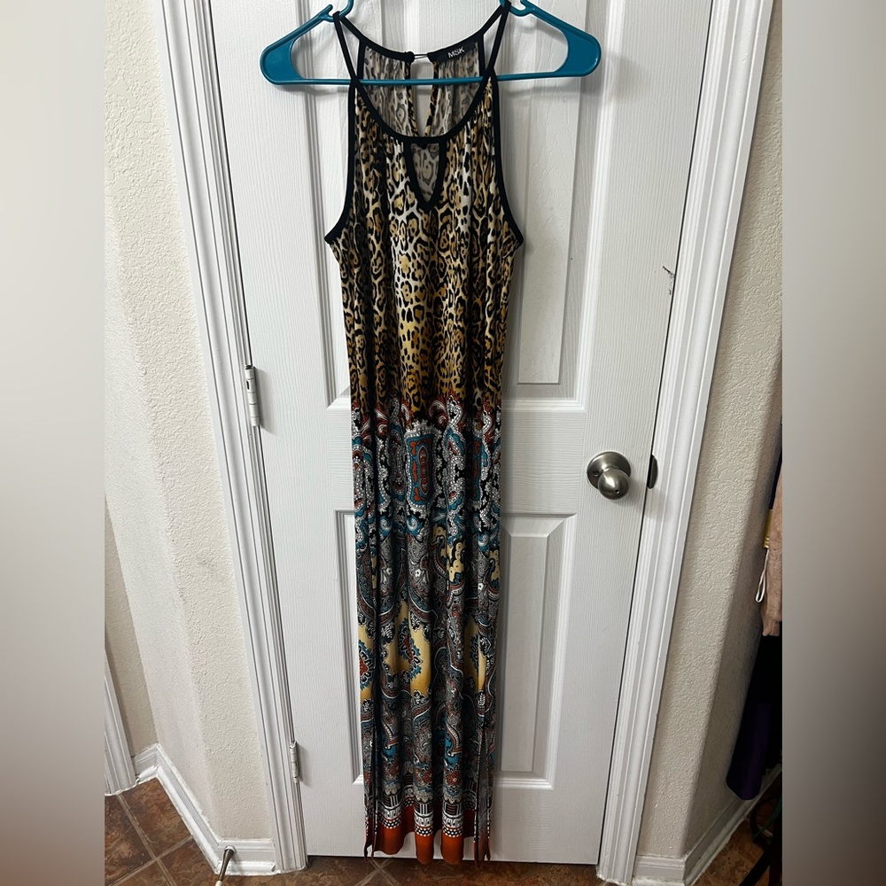 MSK L/XL Dress Animal Leopard Geometric print Sleeveless Maxi Dress EUC